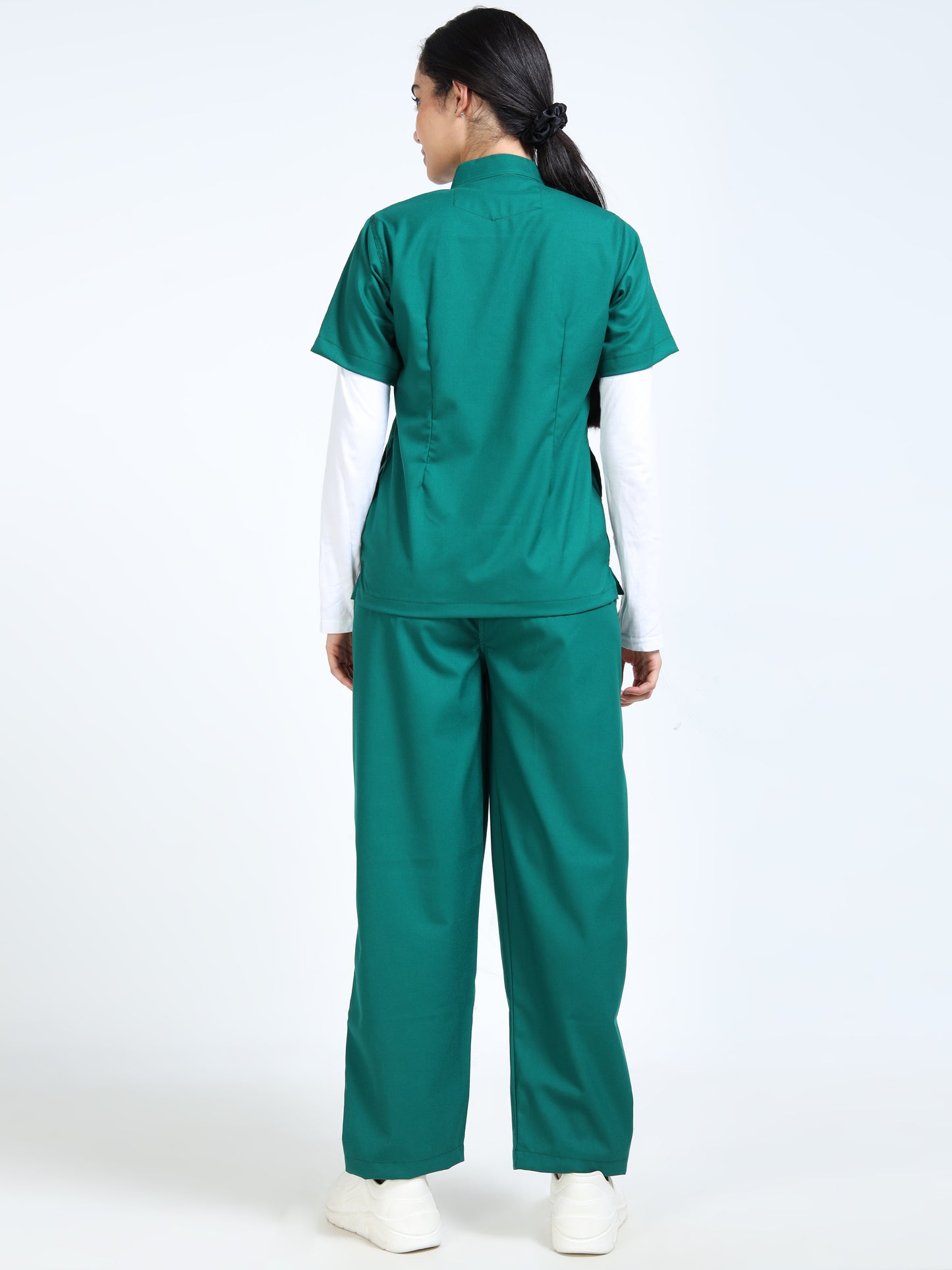 Women’s Forest Green Medical Scrub Set – Mandarin Collar (Chinese Collar) Top & Straight Pants | 2-Way Stretch, Antibacterial & Durable Fabric – Apollo