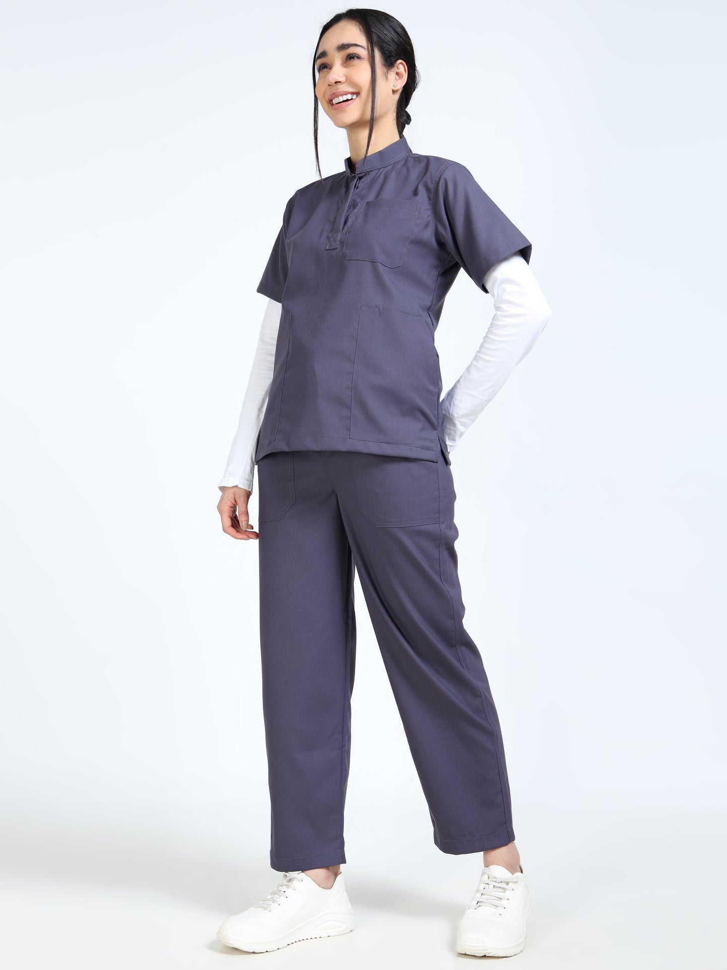Women’s Heather Grey Medical Scrub Set – Mandarin Collar (Chinese Collar) Top & Straight Pants | Twill Fabric, Antibacterial & Easy-Care – Eco Flex