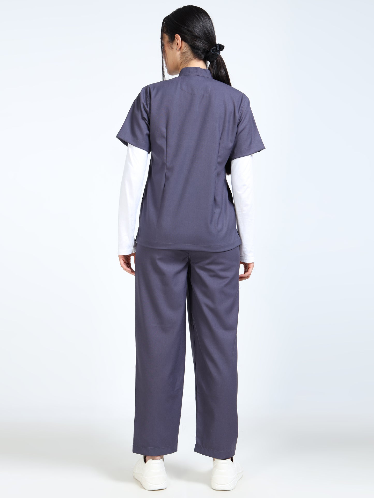 Women’s Heather Grey Medical Scrub Set – Mandarin Collar (Chinese Collar) Top & Straight Pants | Twill Fabric, Antibacterial & Easy-Care – Eco Flex