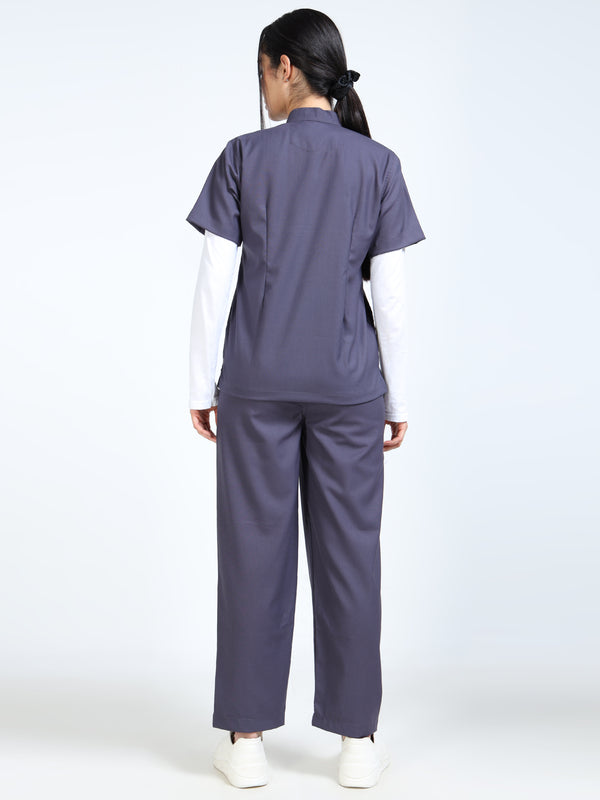 Women’s Heather Grey Medical Scrub Set – Mandarin Collar (Chinese Collar) Top & Straight Pants | Twill Fabric, Antibacterial & Easy-Care – Eco Flex