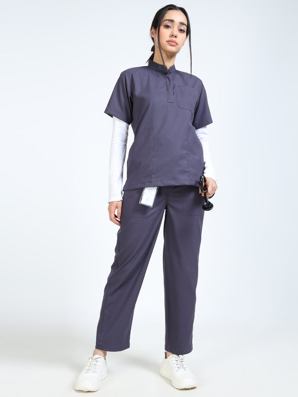 Women’s Heather Grey Medical Scrub Set – Mandarin Collar (Chinese Collar) Top & Straight Pants | Twill Fabric, Antibacterial & Easy-Care – Eco Flex