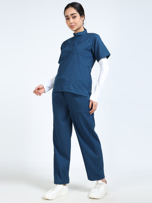 Women’s Galaxy Blue Medical Scrub Set – Mandarin Collar (Chinese Collar) Top & Straight Pants | 2-Way Stretch, Antibacterial & Wrinkle-Resistant – Apollo
