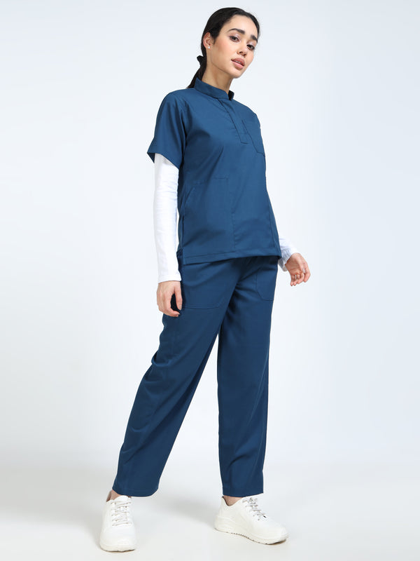 Women’s Galaxy Blue Medical Scrub Set – Mandarin Collar (Chinese Collar) Top & Straight Pants | 2-Way Stretch, Antibacterial & Wrinkle-Resistant – Apollo