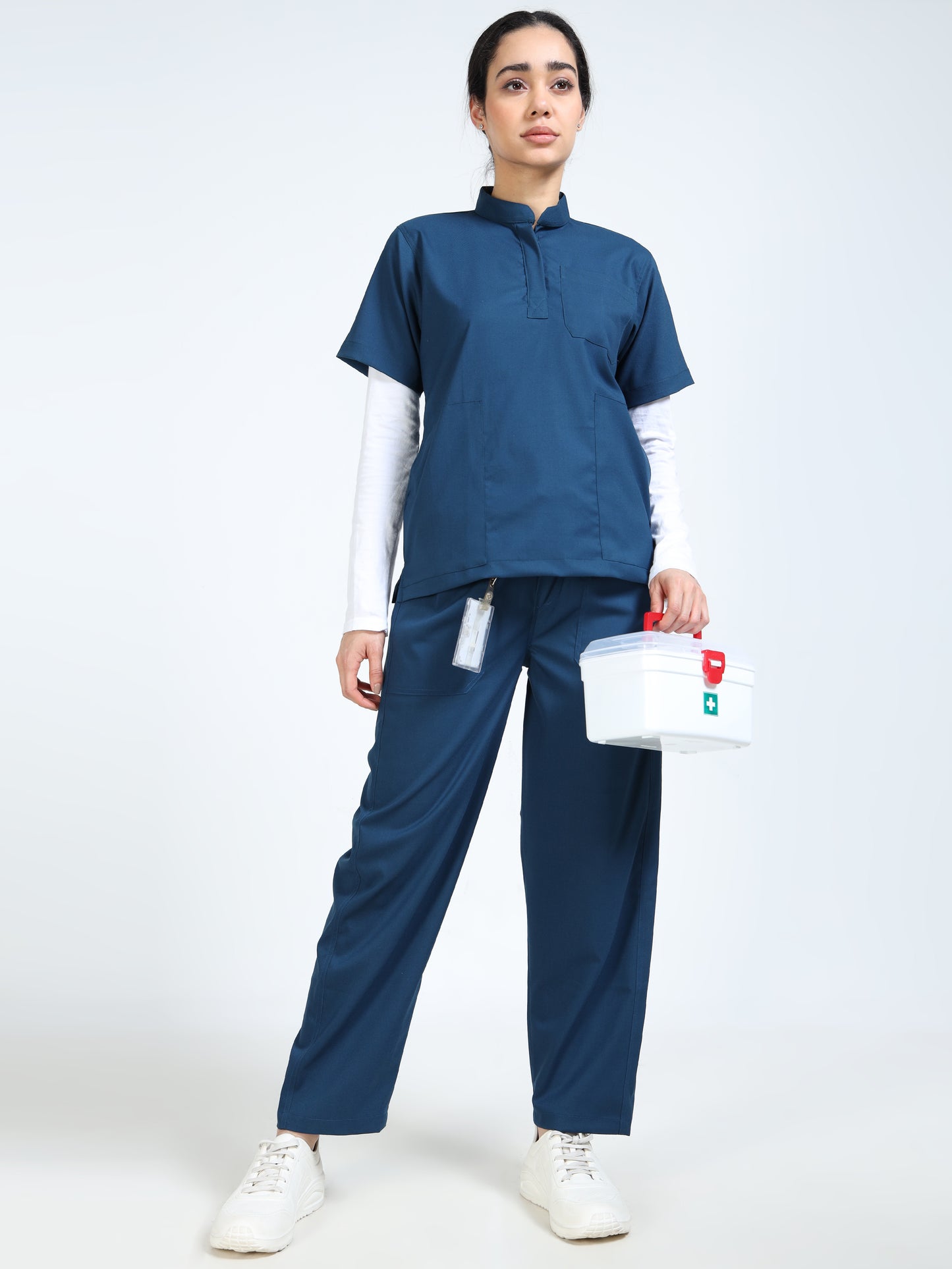 Women’s Galaxy Blue Medical Scrub Set – Mandarin Collar (Chinese Collar) Top & Straight Pants | 2-Way Stretch, Antibacterial & Wrinkle-Resistant – Apollo