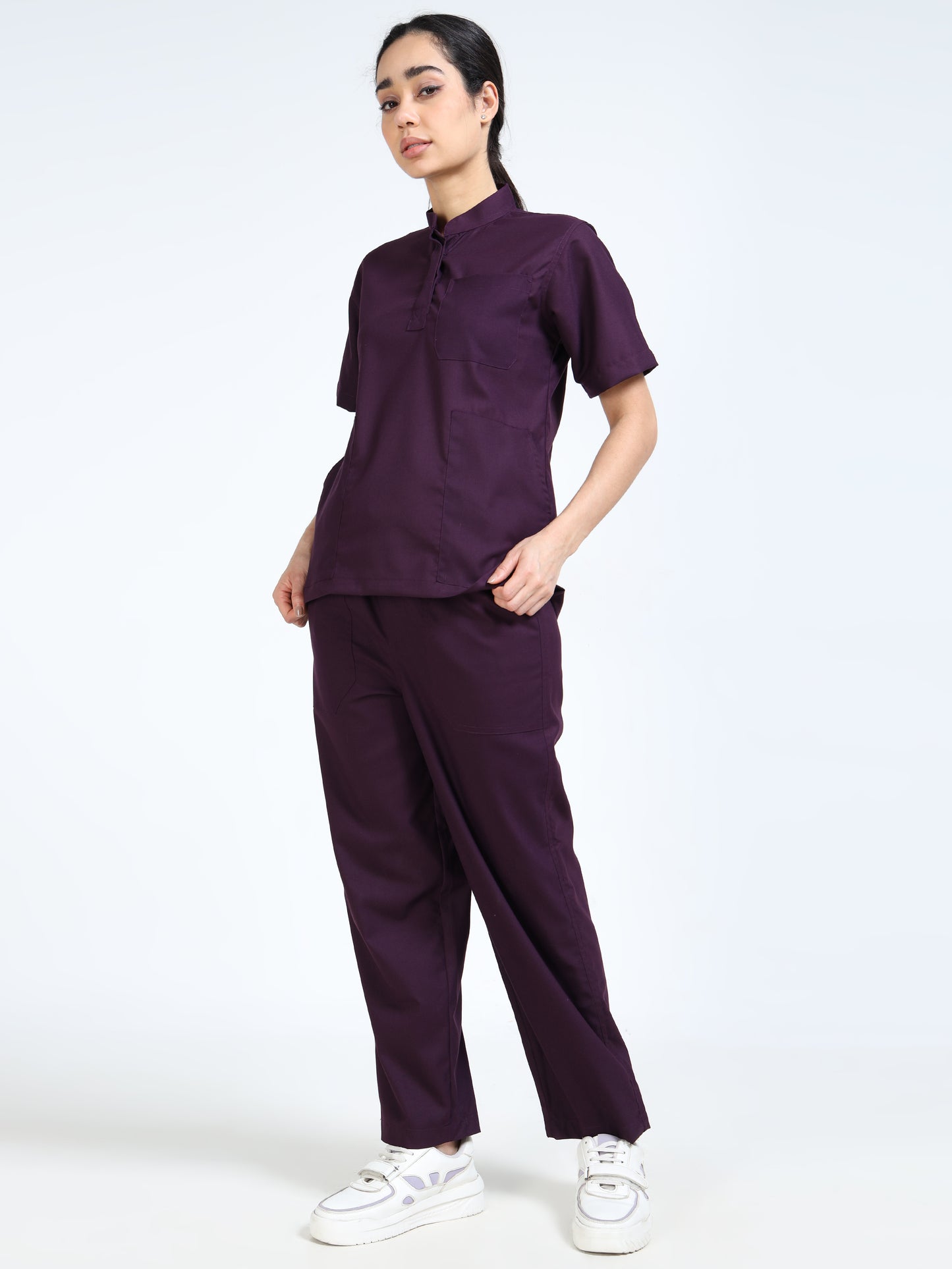 Women’s Wine Medical Scrub Set – Mandarin Collar (Chinese Collar) Top & Straight Pants | 2-Way Stretch, Antibacterial & Rich Color Fabric – Apollo