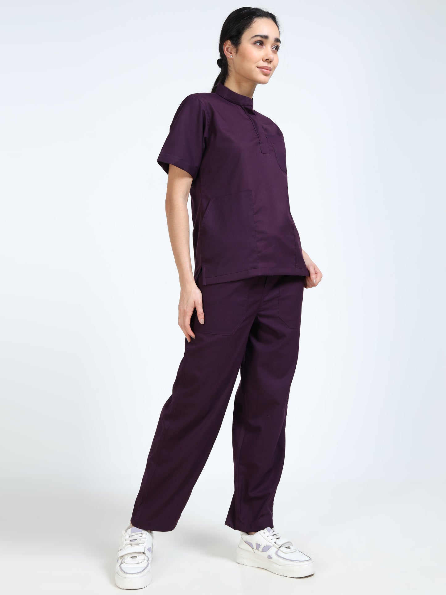 Women’s Wine Medical Scrub Set – Mandarin Collar (Chinese Collar) Top & Straight Pants | 2-Way Stretch, Antibacterial & Rich Color Fabric – Apollo