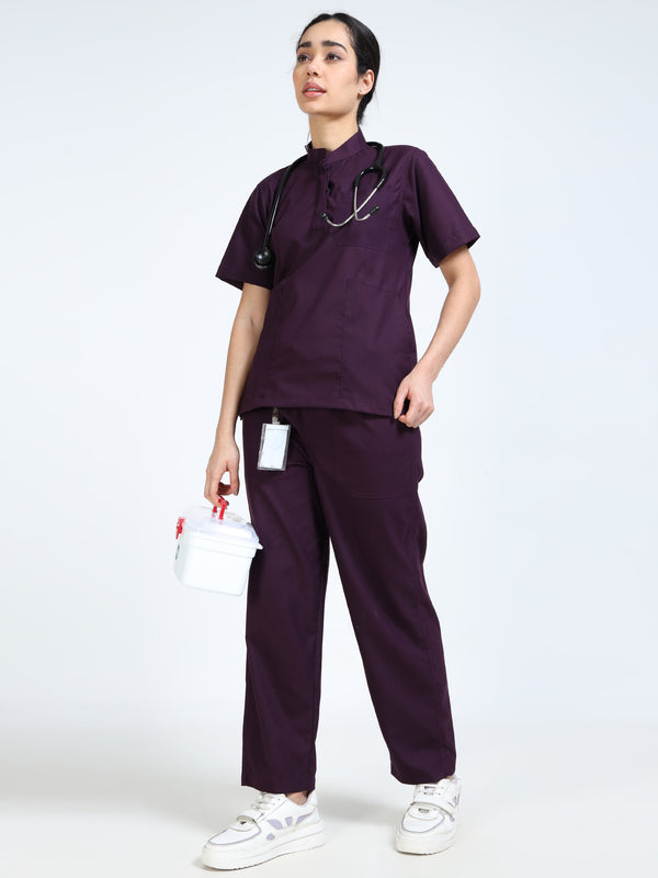 Women’s Wine Medical Scrub Set – Mandarin Collar (Chinese Collar) Top & Straight Pants | 2-Way Stretch, Antibacterial & Rich Color Fabric – Apollo