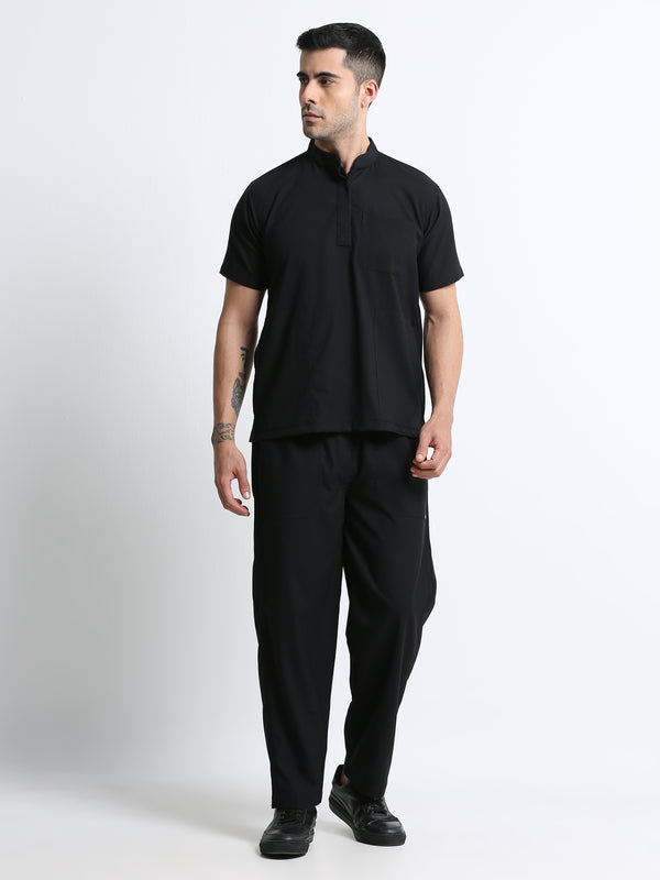 Men’s Black Knight Medical Scrub Set – Mandarin Collar (Chinese Collar) Top & Straight Pants | Wrinkle-Resistant – Eco Flex