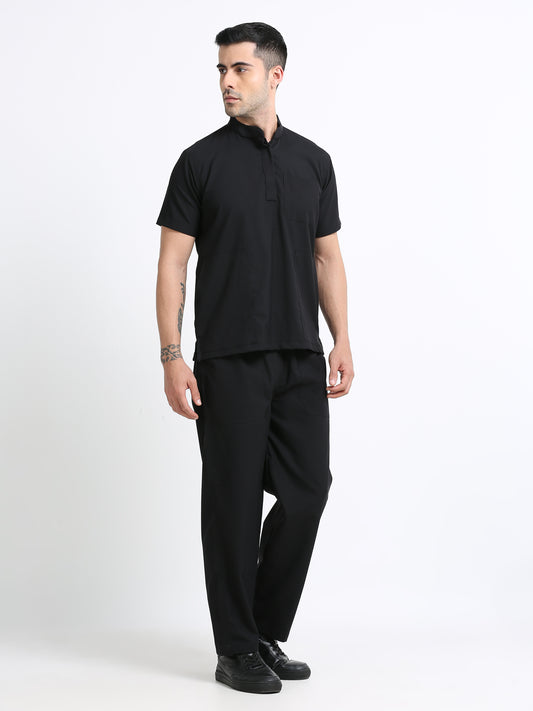 Men’s Black Knight Medical Scrub Set – Mandarin Collar (Chinese Collar) Top & Straight Pants | 2-Way Stretch, Antibacterial & Wrinkle-Resistant – Apollo