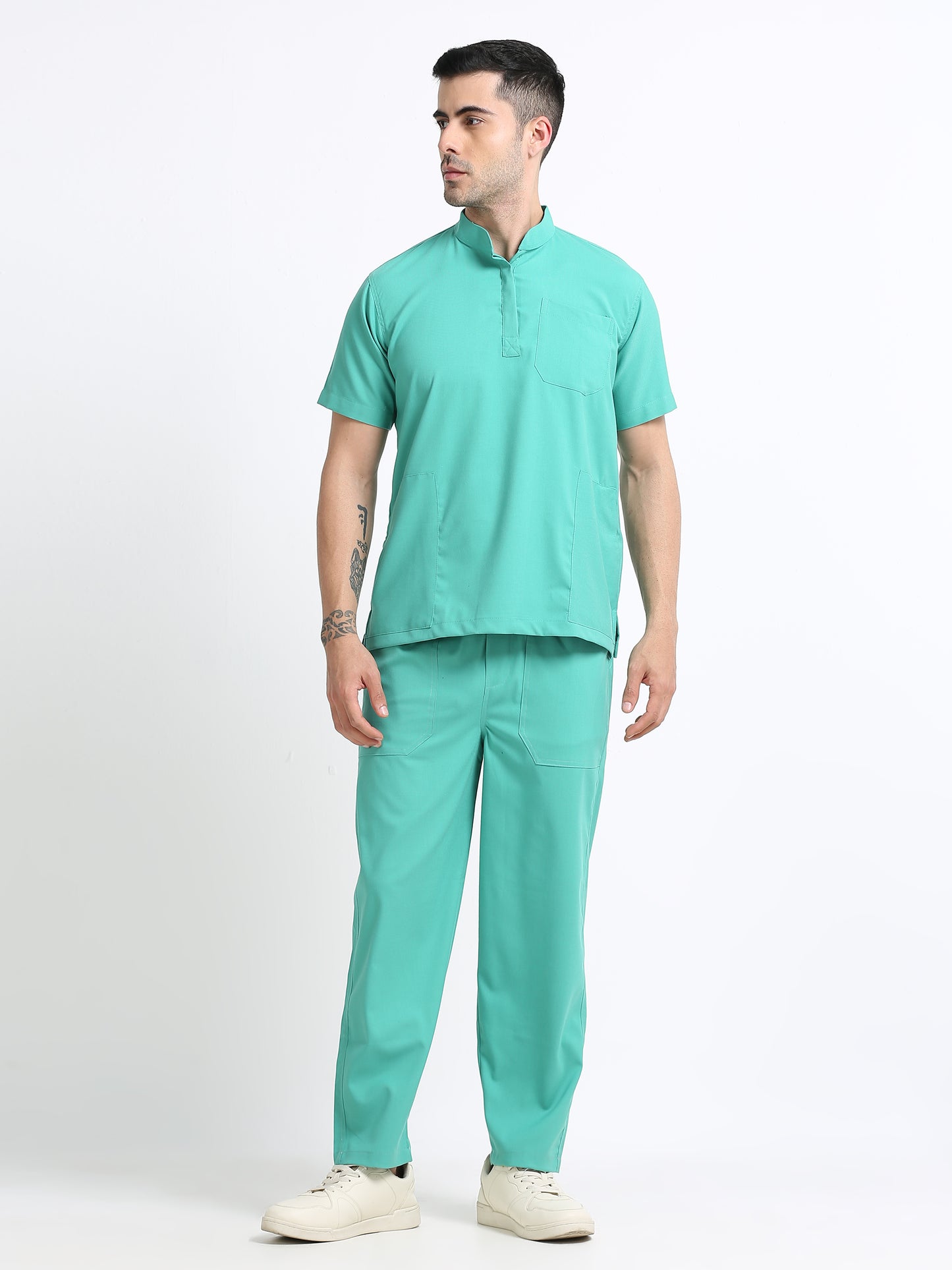 Men’s Sea Green Medical Scrub Set – Mandarin Collar (Chinese Collar) Top & Straight Pants | Wrinkle-Resistant – Eco Flex