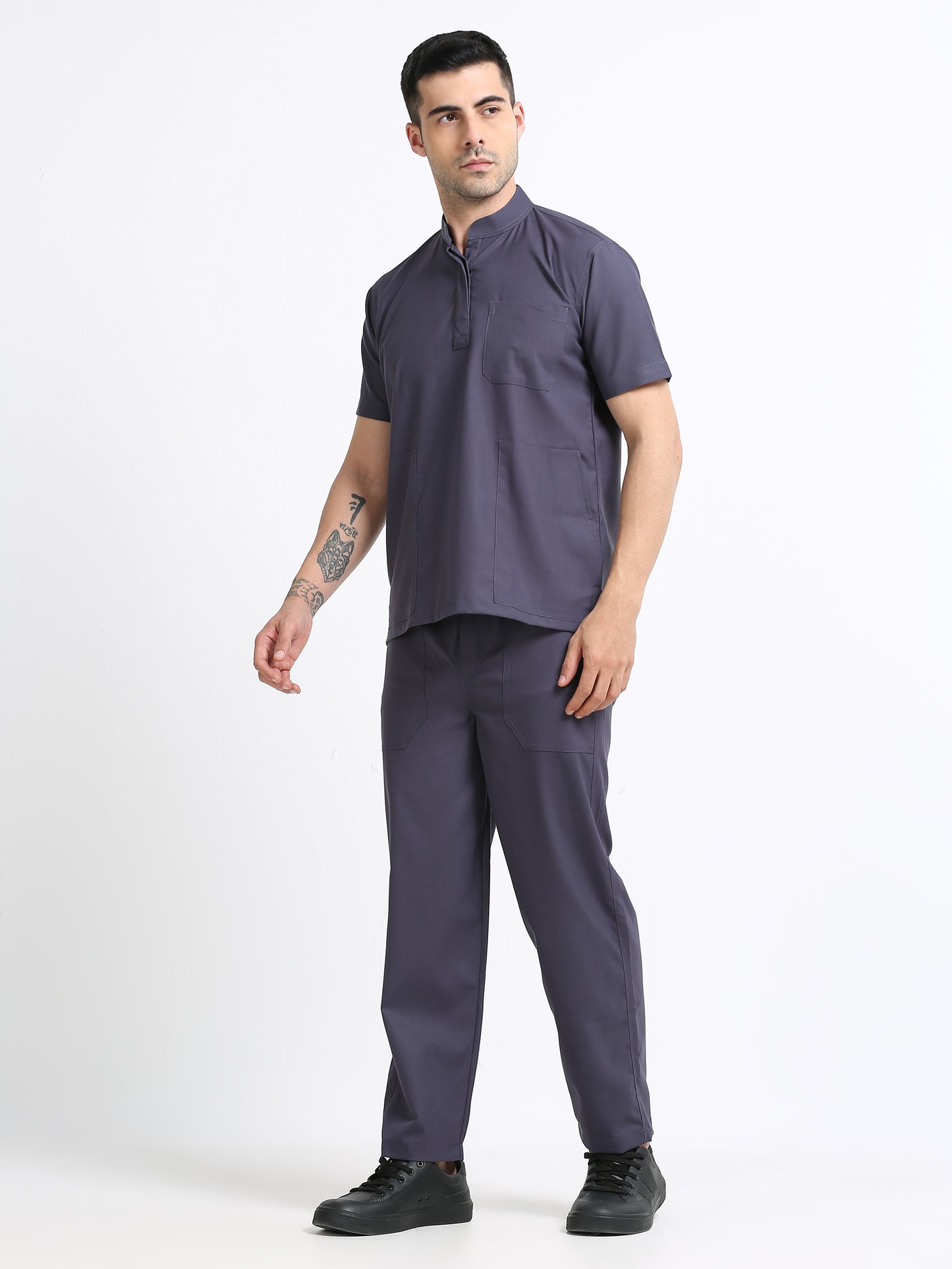 Men’s Heather Grey Medical Scrub Set – Mandarin Collar (Chinese Collar) Top & Straight Pants | Wrinkle-Resistant – Eco Flex