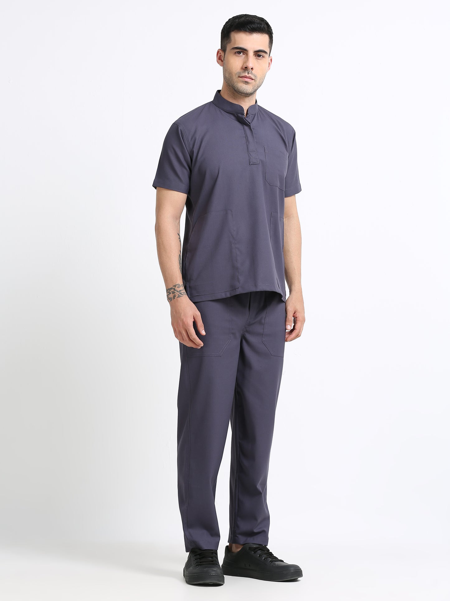 Men’s Heather Grey Medical Scrub Set – Mandarin Collar (Chinese Collar) Top & Straight Pants | Wrinkle-Resistant – Eco Flex