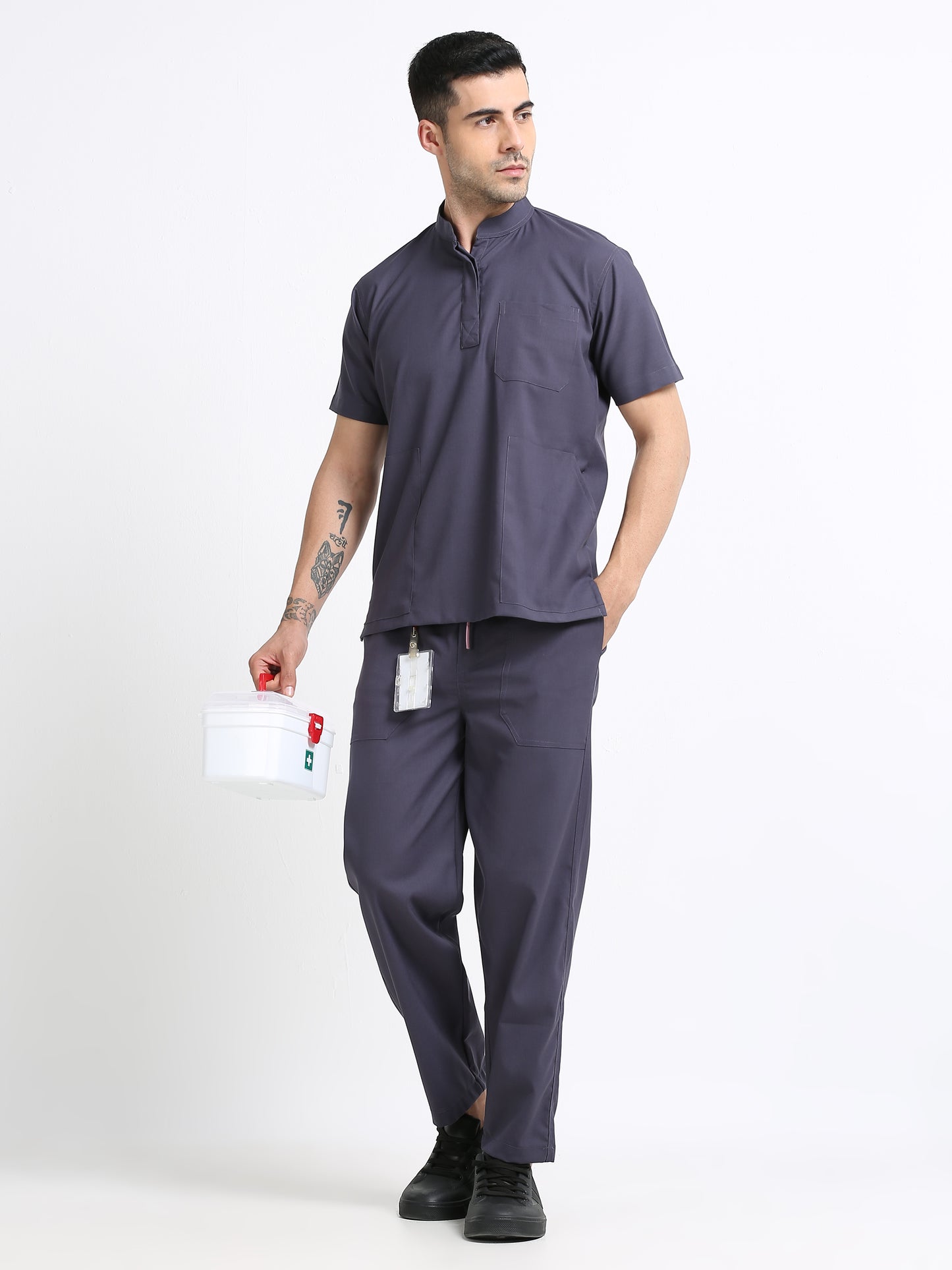 Men’s Heather Grey Medical Scrub Set – Mandarin Collar (Chinese Collar) Top & Straight Pants | Wrinkle-Resistant – Eco Flex