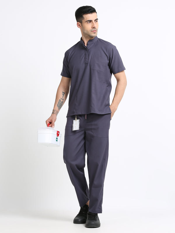 Men’s Heather Grey Medical Scrub Set – Mandarin Collar (Chinese Collar) Top & Straight Pants | Wrinkle-Resistant – Eco Flex