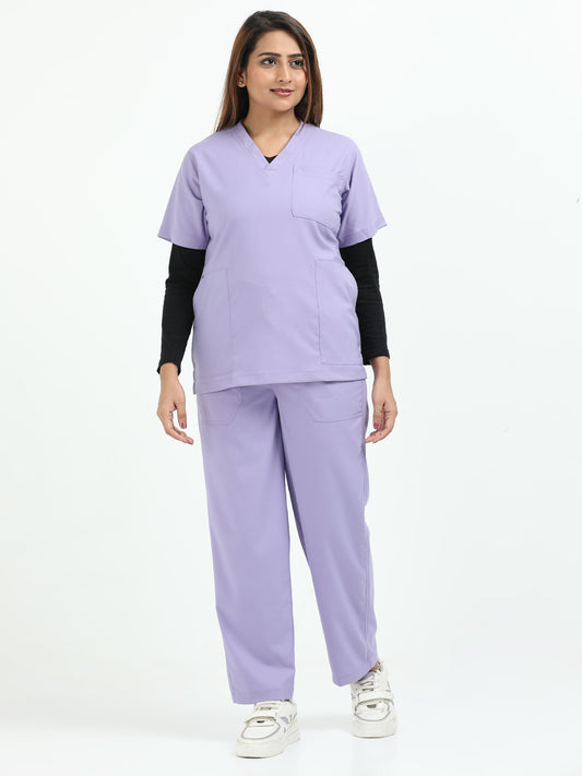 Women’s Pastel Lilac Medical Scrub Set – V-Neck Top & Straight Pants | 2-Way Stretch, Antibacterial & Soft Comfort Fabric – Apollo