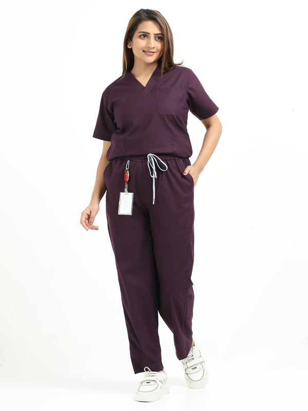 Women’s Wine Medical Scrub Set – V-Neck Top & Straight Pants | 2-Way Stretch, Antibacterial & Premium Comfort – Apollo