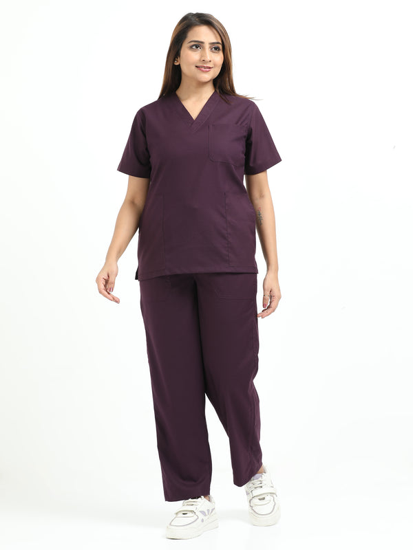 Women’s Wine Medical Scrub Set – V-Neck Top & Straight Pants | 2-Way Stretch, Antibacterial & Premium Comfort – Apollo