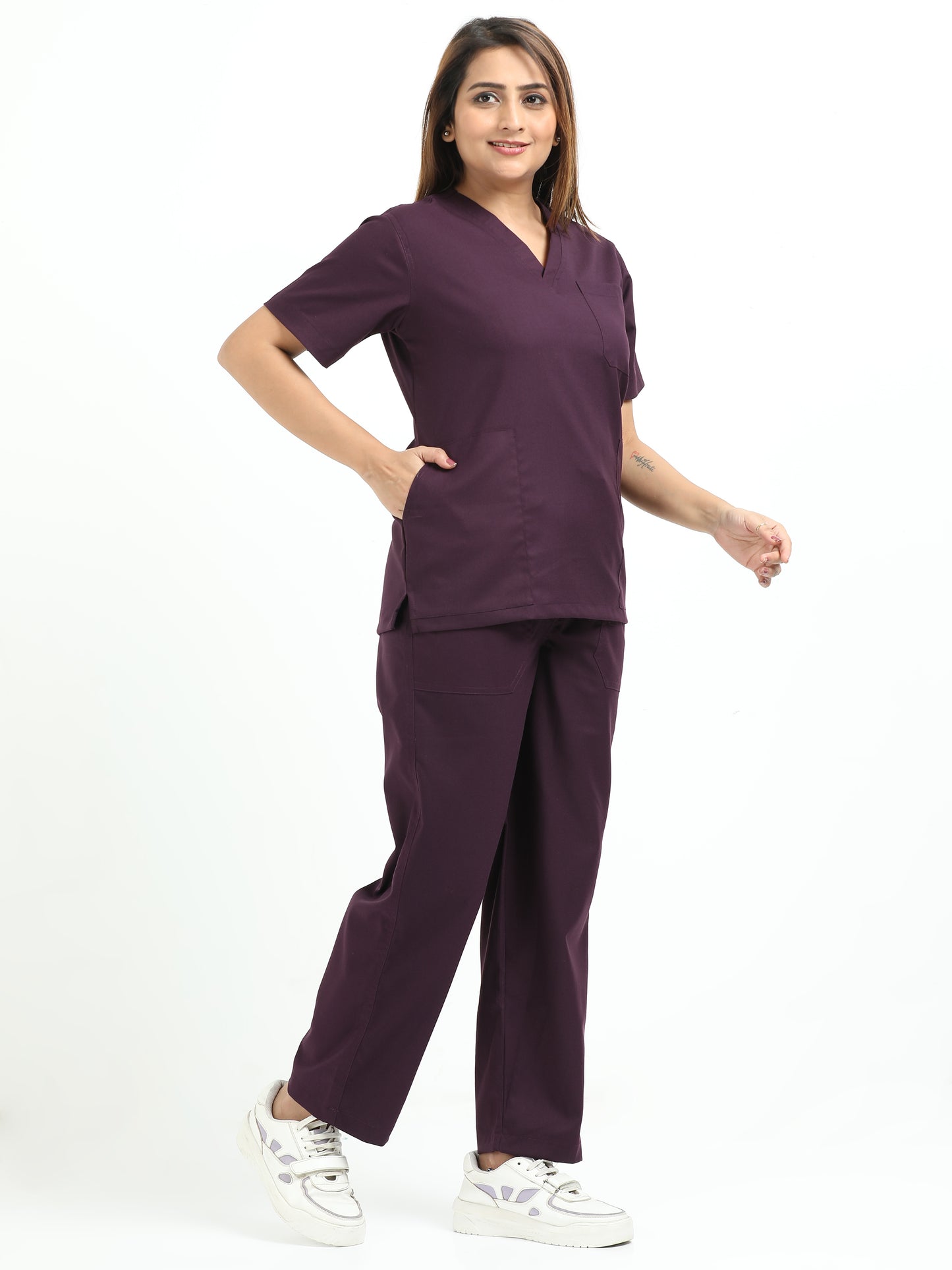 Women’s Wine Medical Scrub Set – V-Neck Top & Straight Pants | 2-Way Stretch, Antibacterial & Premium Comfort – Apollo