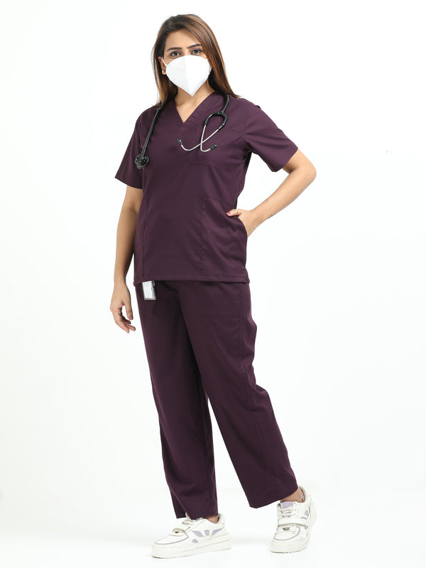 Women’s Wine Medical Scrub Set – V-Neck Top & Straight Pants | 2-Way Stretch, Antibacterial & Premium Comfort – Apollo