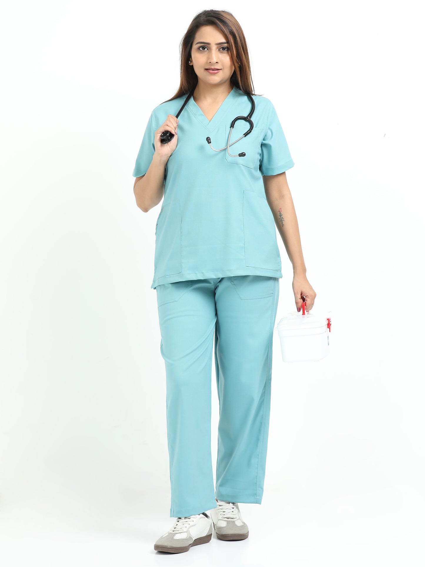 Women’s Eucalyptus Green Medical Scrub Set – V-Neck Top & Straight Pants | 2-Way Stretch, Breathable & Antibacterial Fabric – Apollo