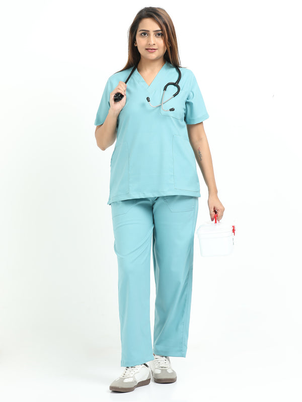 Women’s Eucalyptus Green Medical Scrub Set – V-Neck Top & Straight Pants | 2-Way Stretch, Breathable & Antibacterial Fabric – Apollo