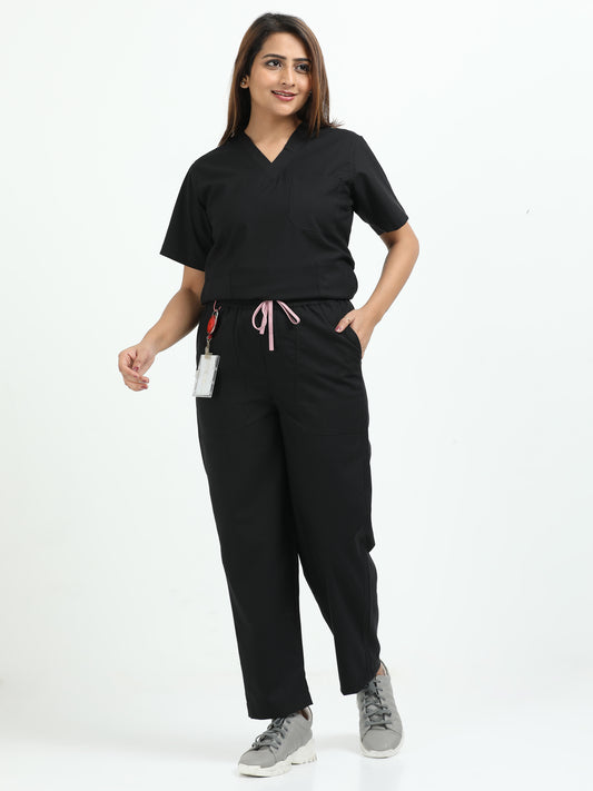 Women’s Black Knight Medical Scrub Set – V-Neck Top & Straight Pants | 2-Way Stretch, Antibacterial & Wrinkle-Resistant – Apollo
