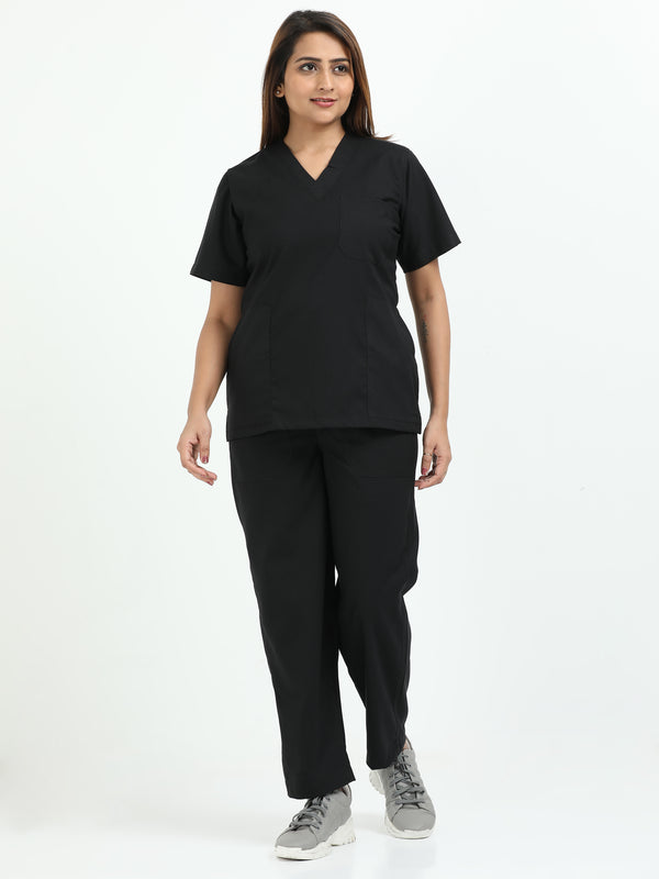 Women’s Black Knight Medical Scrub Set – V-Neck Top & Straight Pants | 2-Way Stretch, Antibacterial & Wrinkle-Resistant – Apollo