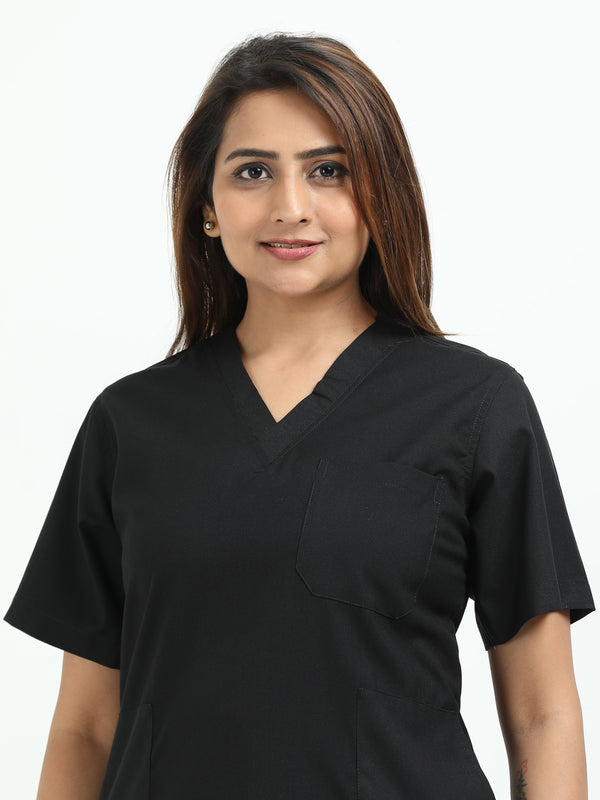 Women’s Black Knight Medical Scrub Set – V-Neck Top & Straight Pants | 2-Way Stretch, Antibacterial & Wrinkle-Resistant – Apollo