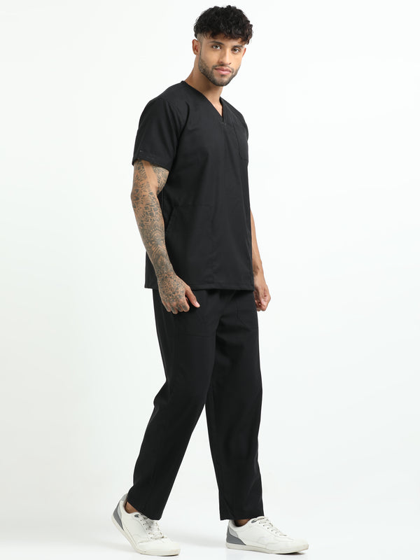 Men’s Black Knight Medical Scrub Set – V-Neck Top & Straight Pants | Twill Fabric, Antibacterial & Fade-Proof – Eco Flex
