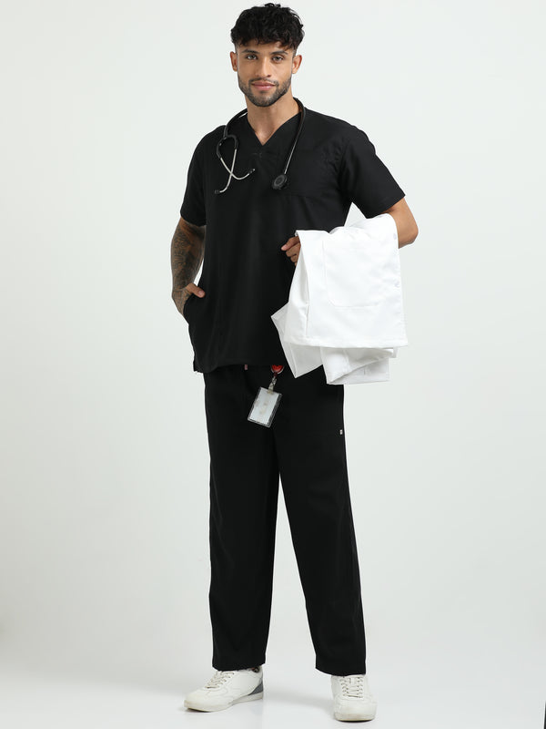 Men’s Black Knight Medical Scrub Set – V-Neck Top & Straight Pants | Twill Fabric, Antibacterial & Fade-Proof – Eco Flex