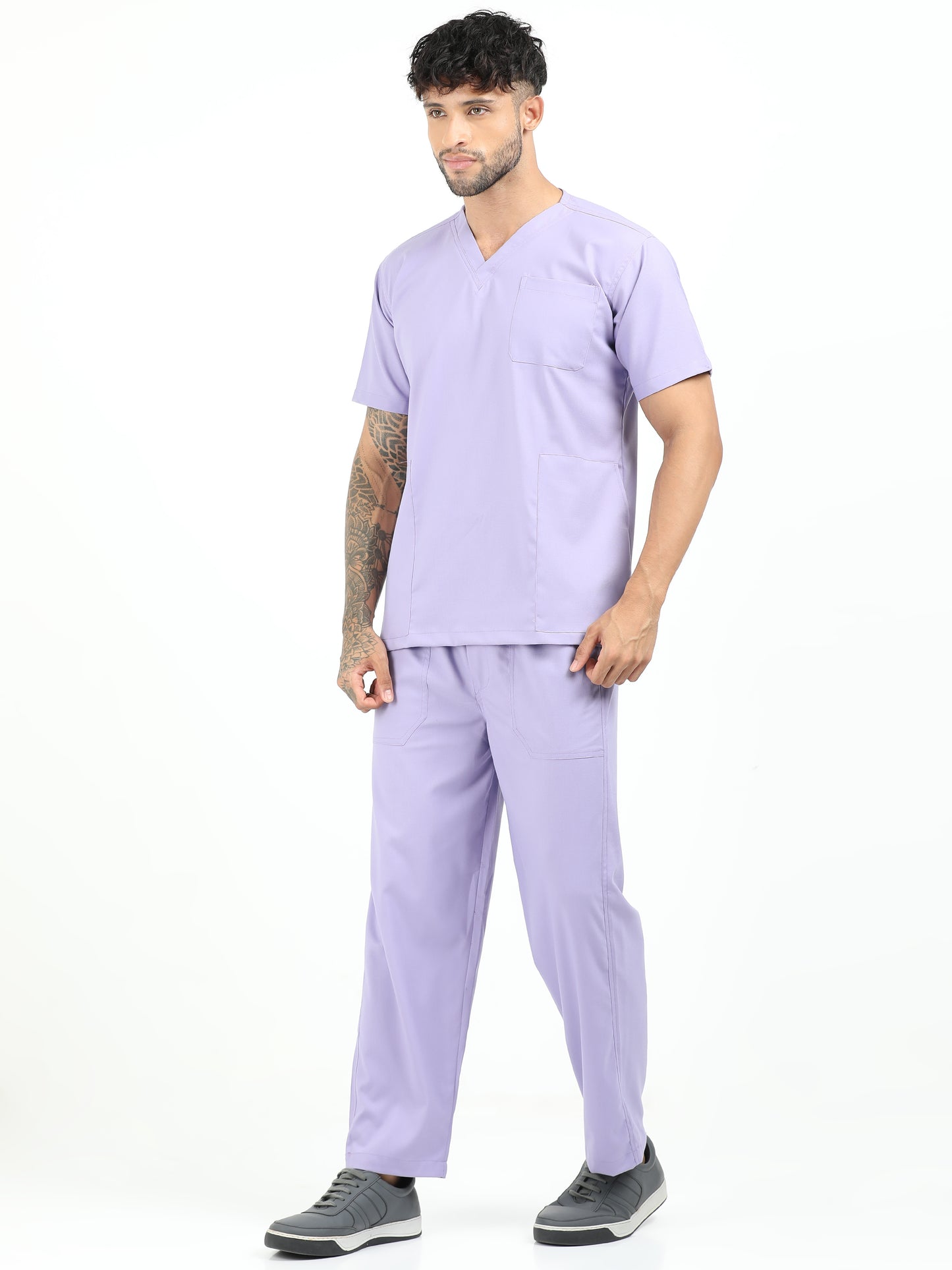 Men’s Pastel Lilac Medical Scrub Set – V-Neck Top & Straight Pants | Twill Fabric, Soft & Antibacterial Comfort – Eco Flex