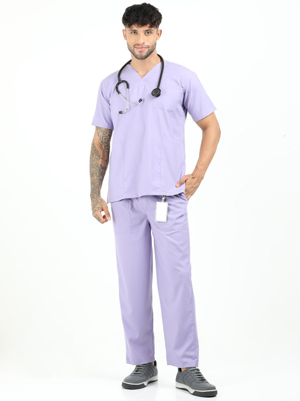 Men’s Pastel Lilac Medical Scrub Set – V-Neck Top & Straight Pants | Twill Fabric, Soft & Antibacterial Comfort – Eco Flex