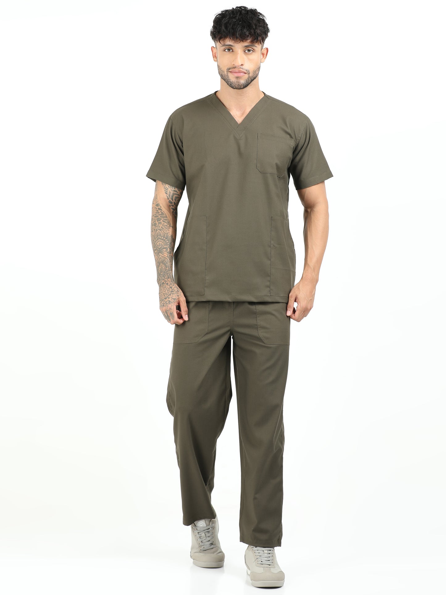 Men’s Olive Medical Scrub Set – V-Neck Top & Straight Pants | 2-Way Stretch, Antibacterial & Wrinkle-Resistant – Apollo