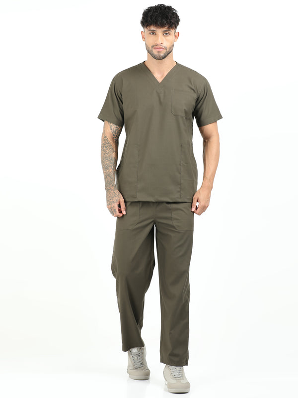 Men’s Olive Medical Scrub Set – V-Neck Top & Straight Pants | 2-Way Stretch, Antibacterial & Wrinkle-Resistant – Apollo