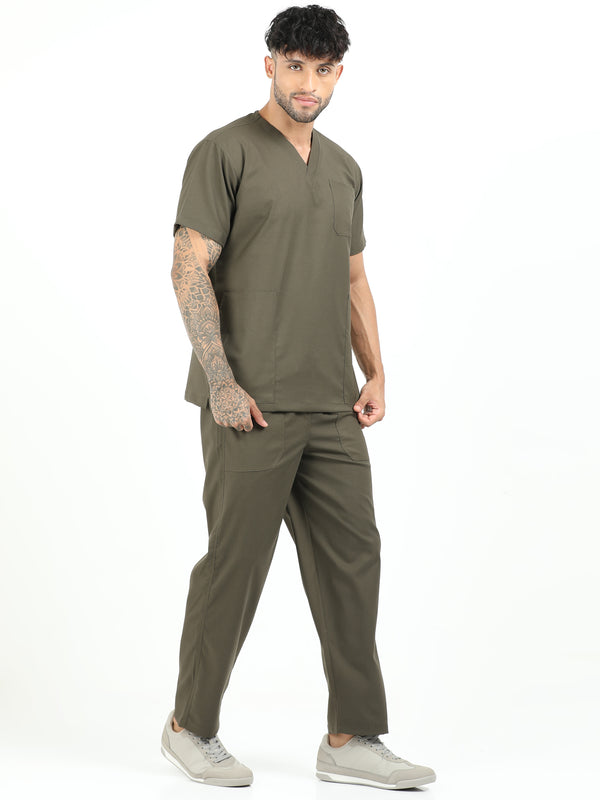Men’s Olive Medical Scrub Set – V-Neck Top & Straight Pants | 2-Way Stretch, Antibacterial & Wrinkle-Resistant – Apollo
