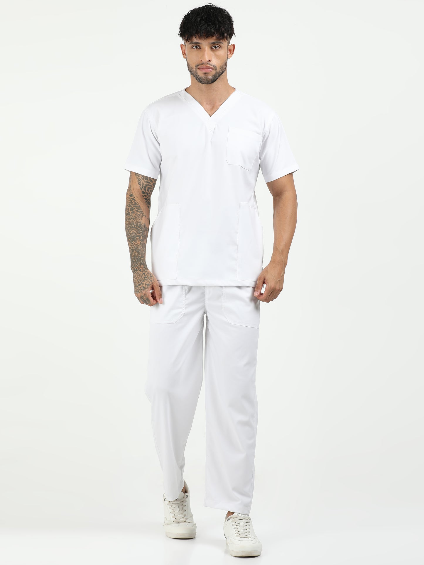 Men’s Snow White Medical Scrub Set – V-Neck Top & Straight Pants | Twill Fabric, Breathable & Antibacterial – Eco Flex