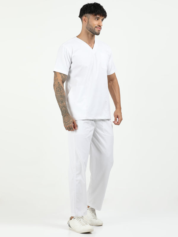 Men’s Snow White Medical Scrub Set – V-Neck Top & Straight Pants | Twill Fabric, Breathable & Antibacterial – Eco Flex