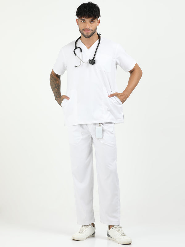 Men’s Snow White Medical Scrub Set – V-Neck Top & Straight Pants | Twill Fabric, Breathable & Antibacterial – Eco Flex