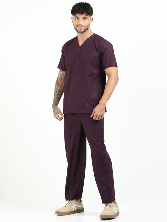 Men’s Wine Medical Scrub Set – V-Neck Top & Straight Pants | Twill Fabric, Breathable & Fade-Resistant – Eco Flex