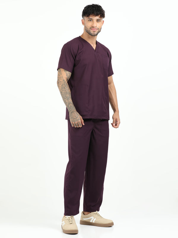 Men’s Wine Medical Scrub Set – V-Neck Top & Straight Pants | Twill Fabric, Breathable & Fade-Resistant – Eco Flex