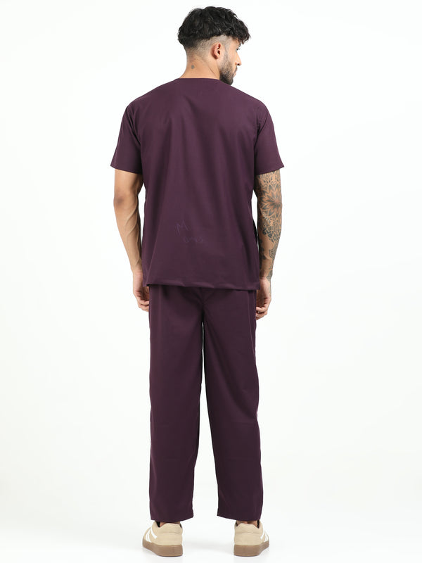 Men’s Wine Medical Scrub Set – V-Neck Top & Straight Pants | Twill Fabric, Breathable & Fade-Resistant – Eco Flex