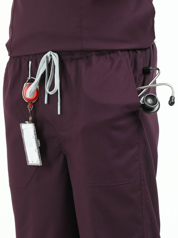 Men’s Wine Medical Scrub Set – V-Neck Top & Straight Pants | Twill Fabric, Breathable & Fade-Resistant – Eco Flex