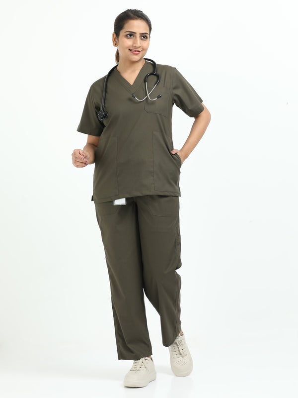 Women’s Olive Medical Scrub Set – V-Neck Top & Straight Pants | 2-Way Stretch, Durable & Antibacterial Fabric – Apollo
