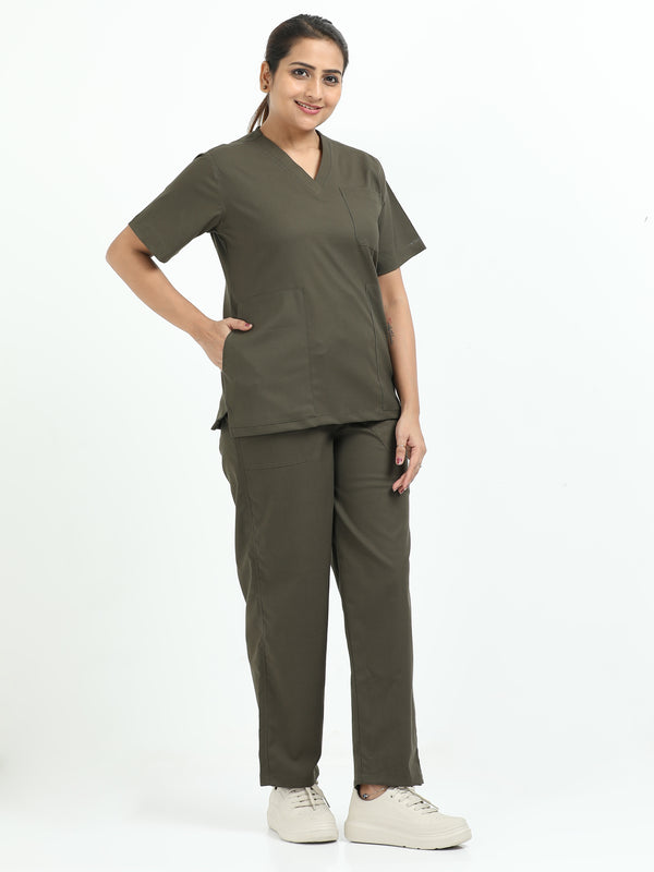 Women’s Olive Medical Scrub Set – V-Neck Top & Straight Pants | 2-Way Stretch, Durable & Antibacterial Fabric – Apollo
