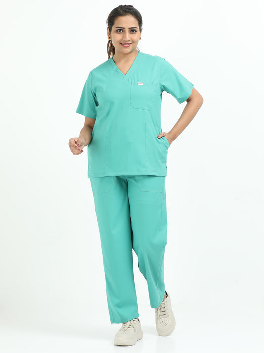 Women’s Sea Green Medical Scrub Set – V-Neck Top & Straight Pants | 2-Way Stretch, Antibacterial & Quick-Dry Fabric – Apollo