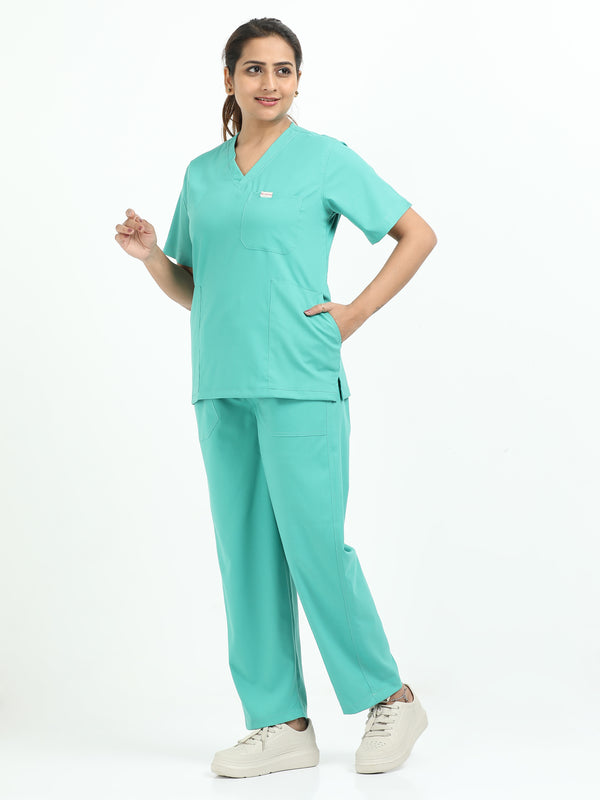 Women’s Sea Green Medical Scrub Set – V-Neck Top & Straight Pants | 2-Way Stretch, Antibacterial & Quick-Dry Fabric – Apollo