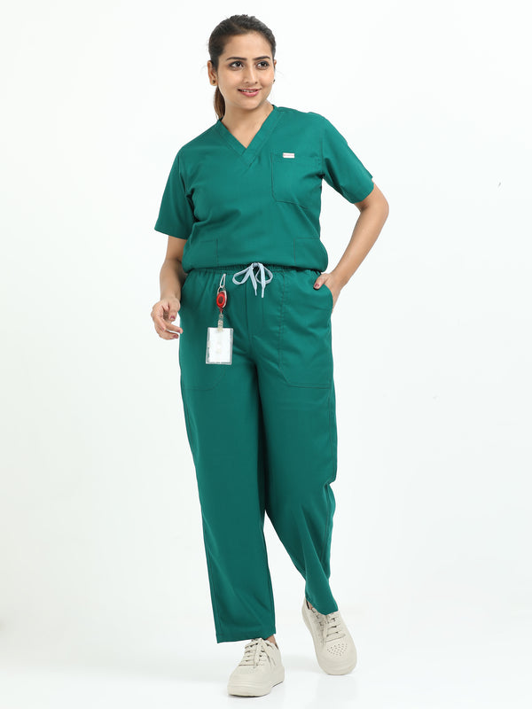Women’s Forest Green Medical Scrub Set – V-Neck Top & Straight Pants | 2-Way Stretch, Breathable & Antibacterial Fabric – Apollo
