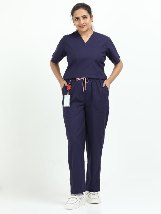 Women’s Navy Medical Scrub Set – V-Neck Top & Straight Pants | 2-Way Stretch, Antibacterial & Quick-Dry Fabric – Apollo
