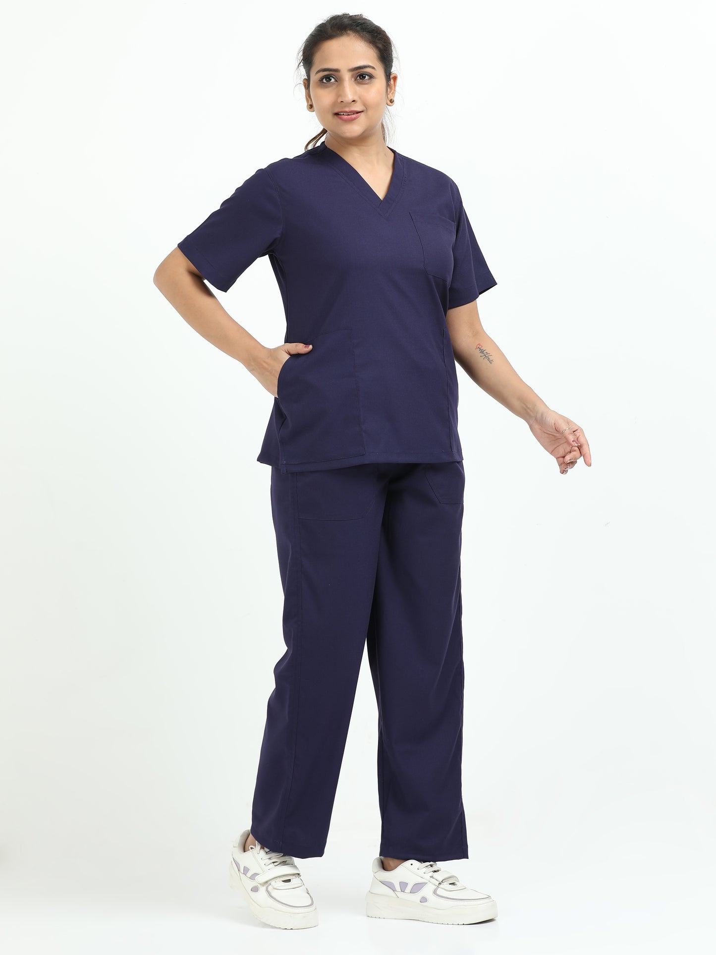 Women’s Navy Medical Scrub Set – V-Neck Top & Straight Pants | 2-Way Stretch, Antibacterial & Quick-Dry Fabric – Apollo