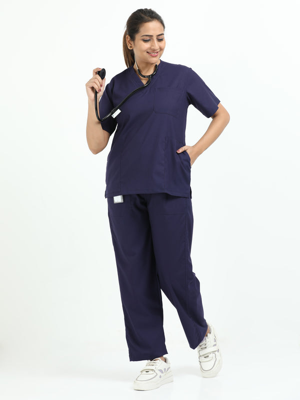 Women’s Navy Medical Scrub Set – V-Neck Top & Straight Pants | 2-Way Stretch, Antibacterial & Quick-Dry Fabric – Apollo